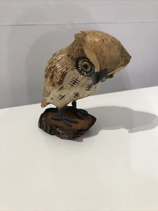 Vintage Owl Hand Carved & Painted Wood Figurine On Log 7” Tall Wooden Glass Eyes - Picture 1 of 18