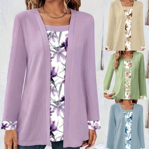 Womens Double Layer Floral Tunic Tops Ladies Long Sleeve Casual T Shirt Blouse - Picture 1 of 16