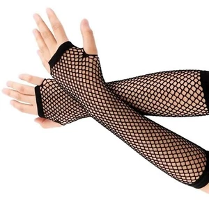 Goth Black LONG FISHNET MESH ARM WARMER SLEEVE Fingerless Cosplay Costume Gloves - Picture 1 of 5