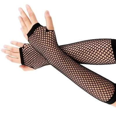 Goth Black LONG FISHNET MESH ARM WARMER SLEEVE Fingerless Cosplay Costume Gloves - Image 1 of 4