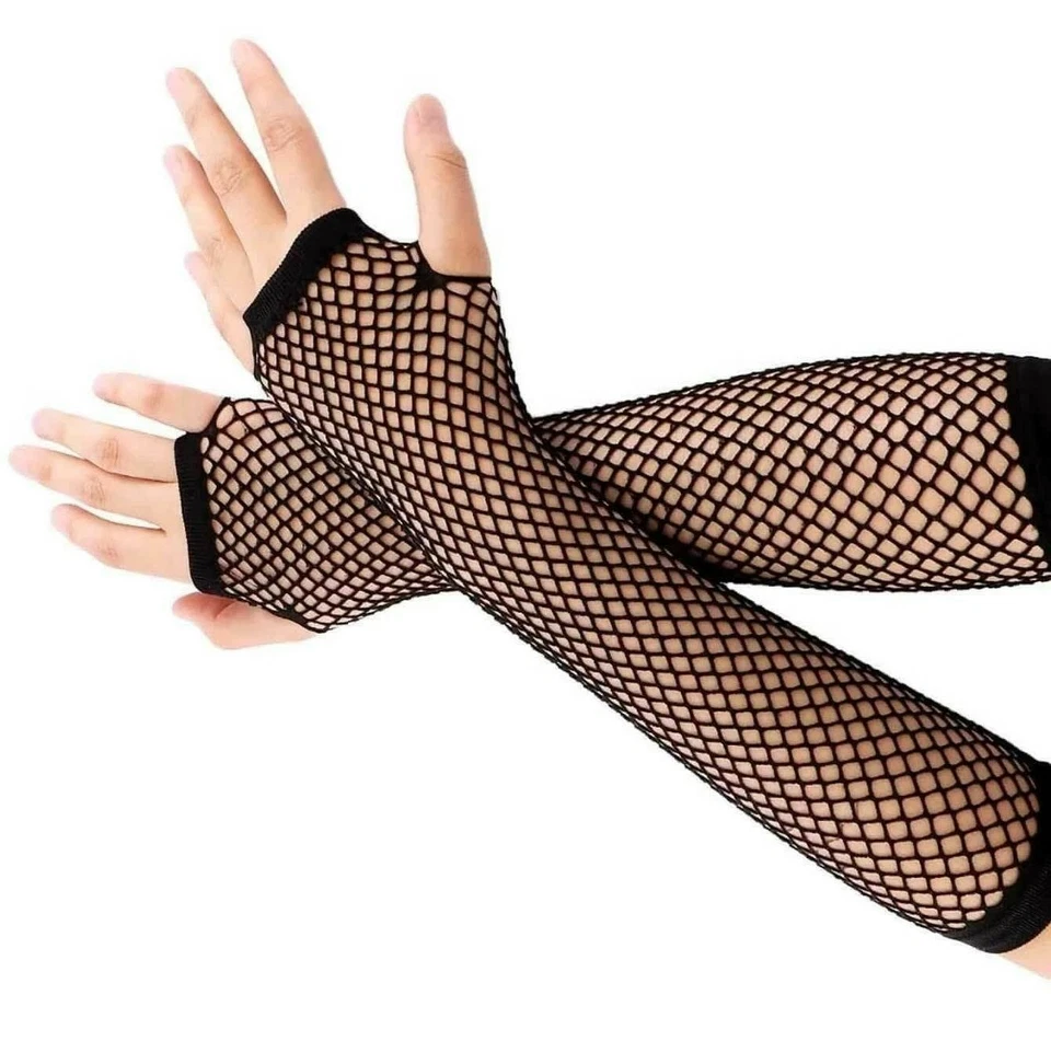 Goth Black LONG FISHNET MESH ARM WARMER SLEEVE Fingerless Cosplay Costume Gloves - Image 1 of 4