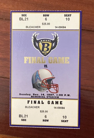 1997 Baltimore Ravens Final Game TICKET at Memorial Stadium vs Houston Oilers Cover