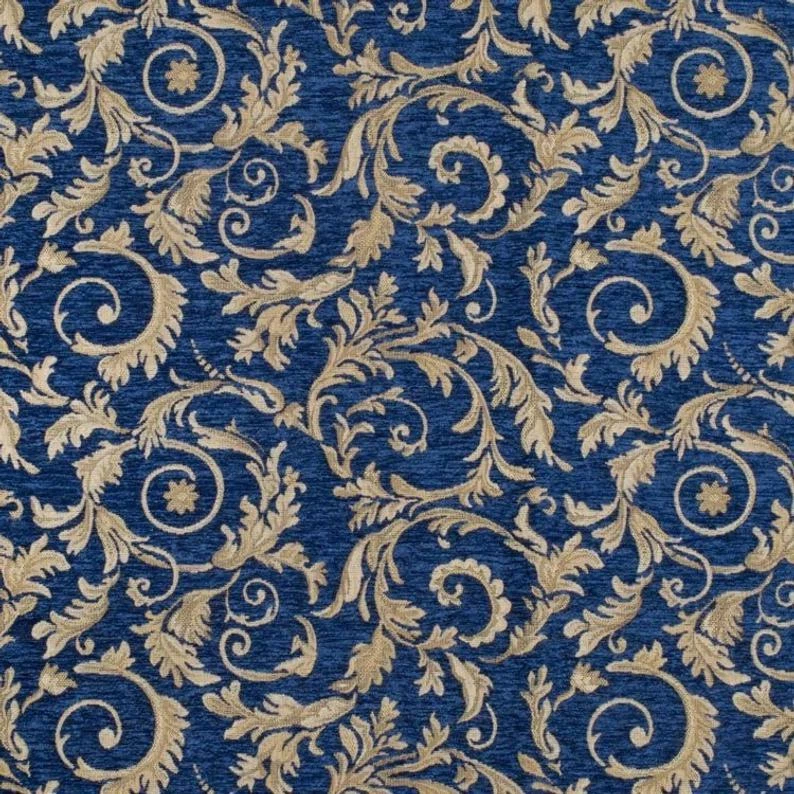 Navy leaf Damask Chenille 54" Wide upholstery furniture Fabric drapery - Image 1 of 1