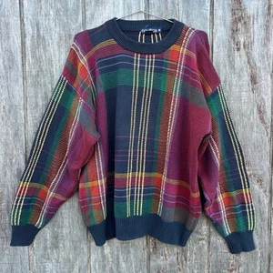 Vintage 90s Nautica Maroon Green Navy Scotch Plaid Sweater Cotton MEDIUM - Picture 1 of 8