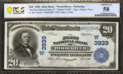 1902 $20 FIRST NATIONAL BANKNOTE CURRENCY WOOD RIVER NEBRASKA PCGS 58 AU (368B) - Image 1 of 2