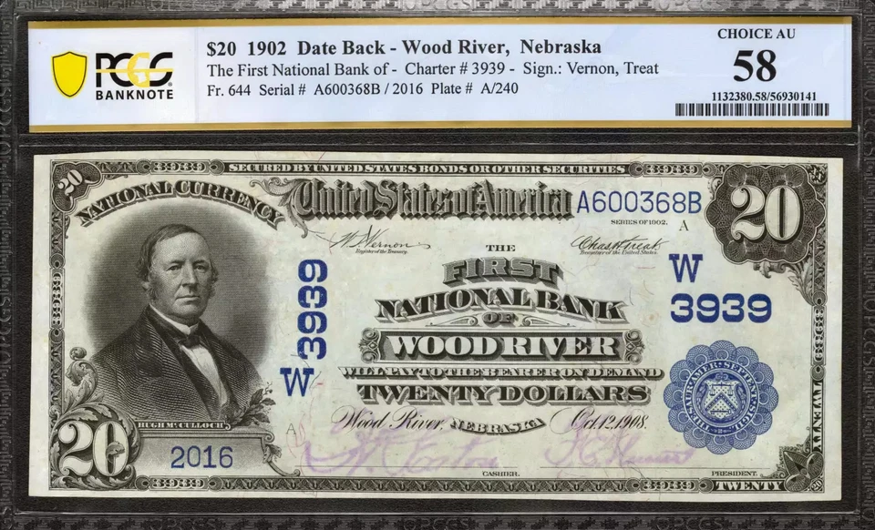 1902 $20 FIRST NATIONAL BANKNOTE CURRENCY WOOD RIVER NEBRASKA PCGS 58 AU (368B) - Image 1 of 2
