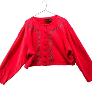Cardigan vintage Liz Sport Crop donna L felpa bottoni rosso ricamato prateria - Foto 1 di 8