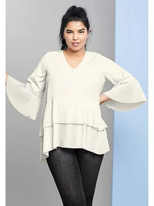 Roamans Übergröße 20 elfenbeinweiß Stufen Plissee 3/4 Arm Bluse TOP hoher niedriger Saum - Bild 1 von 2