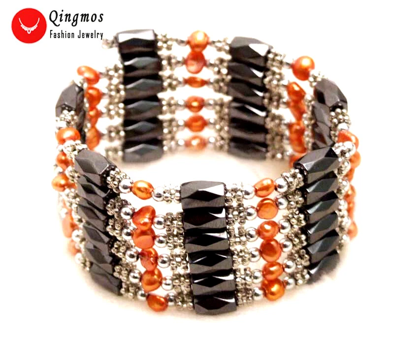 4-5mm Baroque Natural Red Pearl Black Hematite Magnetic Bracelet for Women 38'' - Image 1 of 4