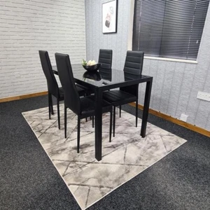 Black Glass Dining Table Set with 4 Leather Chairs Modern Kitchen 120cm - Picture 1 of 12