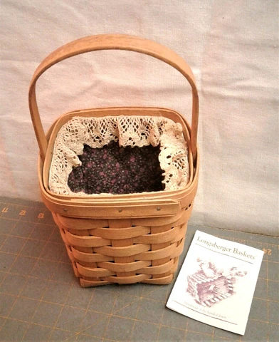 Small Longaberger Basket 1991 Square w Handle Quilted Floral and Lace Liner Cover