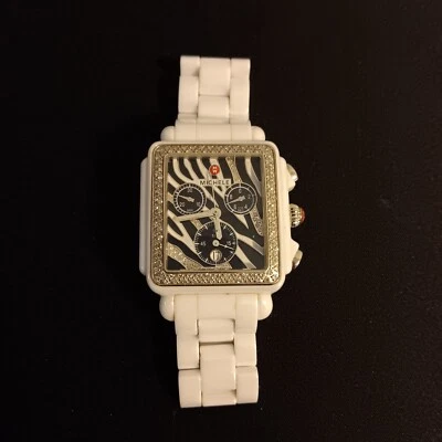 Michele Chronograph Deco White Ceramic Zebra Dial Diamond Bezel Ladies Watch - Image 1 of 4