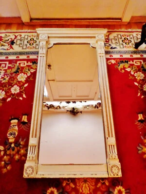 Antiguo Espejo Federal Abrigo Diseño Ornamentado Tallado Flor Redondeles 46.5" x 25.5" Foto 1 de 4