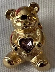Vintage Avon Teddy Bear Lapel Pin Purple Heart Shaped Amethyst Crystal - Picture 1 of 6