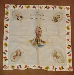 WW1 Printed Cotton Souvenir of the European War 1914 United Allies Handkerchief - Picture 1 of 8