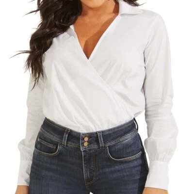 Body Guess para mujer XL Ivy Surplice blanco mangas largas puños con botones cuello en V Foto 1 de 4