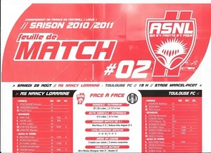 Feuille de match N°2 ASNL - Toulouse FC (2010 - 2011) - Ligue 1 - Picture 1 of 1