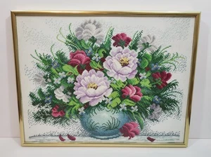 Vintage Framed Floral Cross Stitch Roses Peonies 16 x 12 Pink Blue Gold Frame - Picture 1 of 10