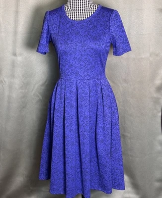 NEW LuLaRoe Amelia Pleated Fit & Flare Dress Royal Blue Black Floral  Size S - Image 1 of 4
