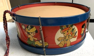 Vintage Ohio Kunst Spielzeug große Blechtrommel Indianer 11" breit gute Lithos GC - Bild 1 von 7