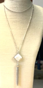 Toni Necklace White Magnesite Stone Silver Tone Fringe Long Pendant Lot 53 - Picture 1 of 3
