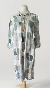 Simply Art Dolcezzo Damen weiß hellbraun blau Punkte Kragen Leinen Kleid Taschen M - Bild 1 von 13