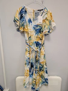 Next gelb blau Blumen Rüschenärmel Kleid Größe 10 neu mit Etikett (T5) - Bild 1 von 7
