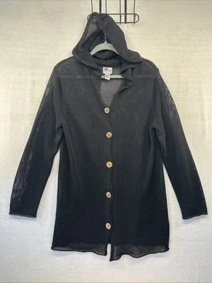 Chicos Sweater Womens Sz 2 (12) Black Hooded Button Up Long Cardigan Jacket Fall - Image 1 of 4