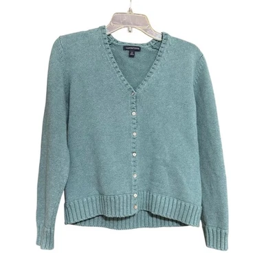 Lands End V-Neck Button Up Cardiga Sweater Knit Cotton Size S Turquoise Vintage  - Image 1 of 4