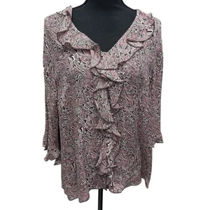 Camicetta Lane Bryant Paisley seta manica 3/4 volant bottoni taglia 14 16 malva nuova con etichette - Foto 1 di 8