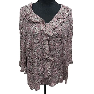 Lane Bryant Paisley Silk 3/4 Ruffle Sleeve Button Blouse Size 14 16 Mauve NWT - Image 1 of 4