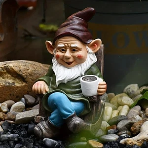 1PC Resin Gnome Garden Ornament Rocking Chair Tea Figurine Outdoor Decor - Picture 1 of 6