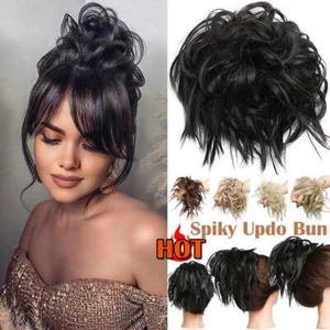 100% Real Messy Bun Curly Spiky Piece Scrunchie False Updo Cover Hair Extensions - Picture 1 of 31