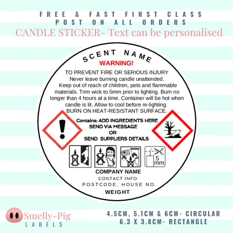 Personalised CANDLE CLP safety warning stickers labels - Image 1 of 1