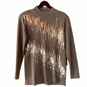 Vintage Ann Wi Sequined Sweater Medium Mock Neck Holiday Wool Blend Silver Gray - Picture 1 of 9