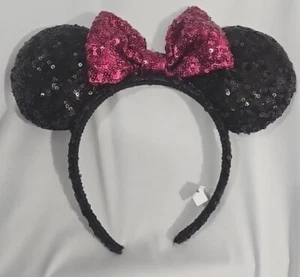 Disney Sequin Hot Pink & Black Minnie Mouse Puffy Ears Headband - Picture 1 of 3