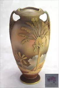 Coralene Vase Palm Trees Old Nippon 1909 Hand-painted Antique - Picture 1 of 8