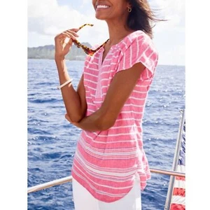 Talbots 100% Linen Popover Blouse 2X Boardwalk Stripe Pink Lightweight Coastal - Picture 1 of 8