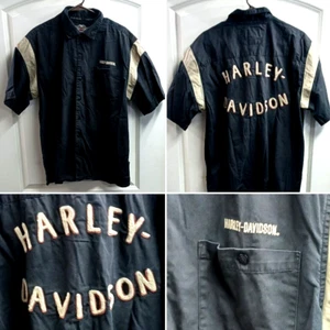 HARLEY DAVIDSON POCKET LOGO SHORT SLEEVE BUTTON DOWN SHIRT MENS LG BLACK/KHAKI - Picture 1 of 9