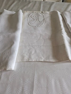 Ancien drap en fil monogramme SA jours  drap 03 ref 906 - Photo 1/4