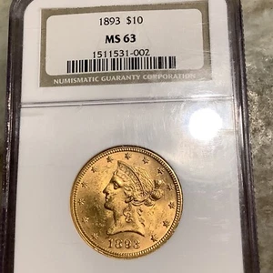 1893 $10.00 Gold Liberty Coin MS63 - Picture 1 of 2