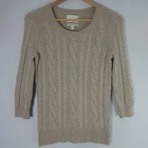 Cynthia Rowley Womens M Beige 3/4 Sleeve 100%  2 Ply Cashmere Cable Knit Sweater - Picture 1 of 7