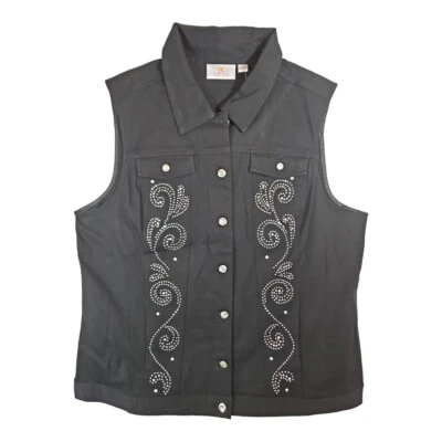 Quacker Factory Black Rhinestone Western Denim Style Vest Lg - Image 1 of 4