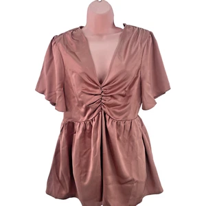 Simply Be Ruched Short Sleeve Satin Blouse, Size UK 12, Blush Pink AI477 - Picture 1 of 16