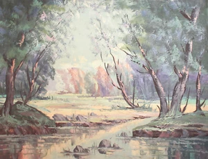 Antique gouache painting river landscape - Picture 1 of 12