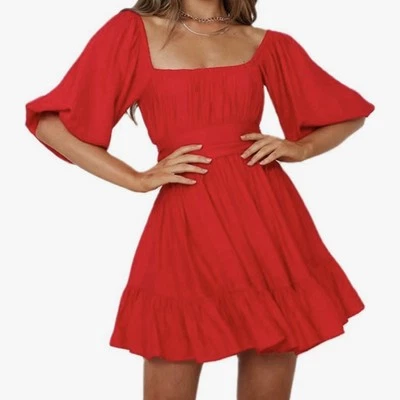 Vestido Babydoll EXLURA Rojo Fluido L Sexy Modesto Mini Seda Sensación Forrado Corbata Volantes Foto 1 de 4