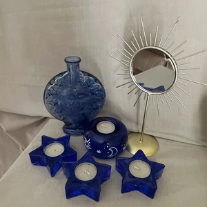 ❤️VTG SET 6 HIMMLISCHE SONNE/MOND/STERN FLASCHEN, SPIEGEL, & T-LITES. KOBALTBLAU - Bild 1 von 8