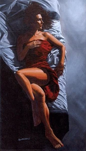 Beautiful Woman Reclining + Red Drape. Original Canvas Painting signed + Framed. - Picture 1 of 8