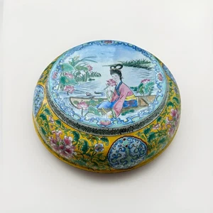 10" antike chinesische Emaille Cloisonne runde Schatulle mit Deckel - Qianlong Marke - Bild 1 von 8
