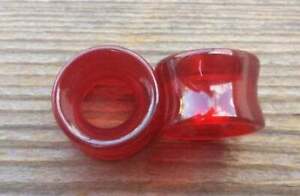 RARE! PAIR OF RED GLASS TUNNEL PLUGS GAUGES BODY JEWELRY DOUBLE FLARED